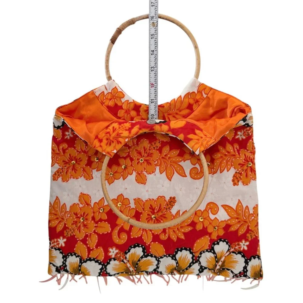 Kisses & Hugs Vintage Tropical Resort Floral Boho Beaded Bamboo Handle Purse Bag
